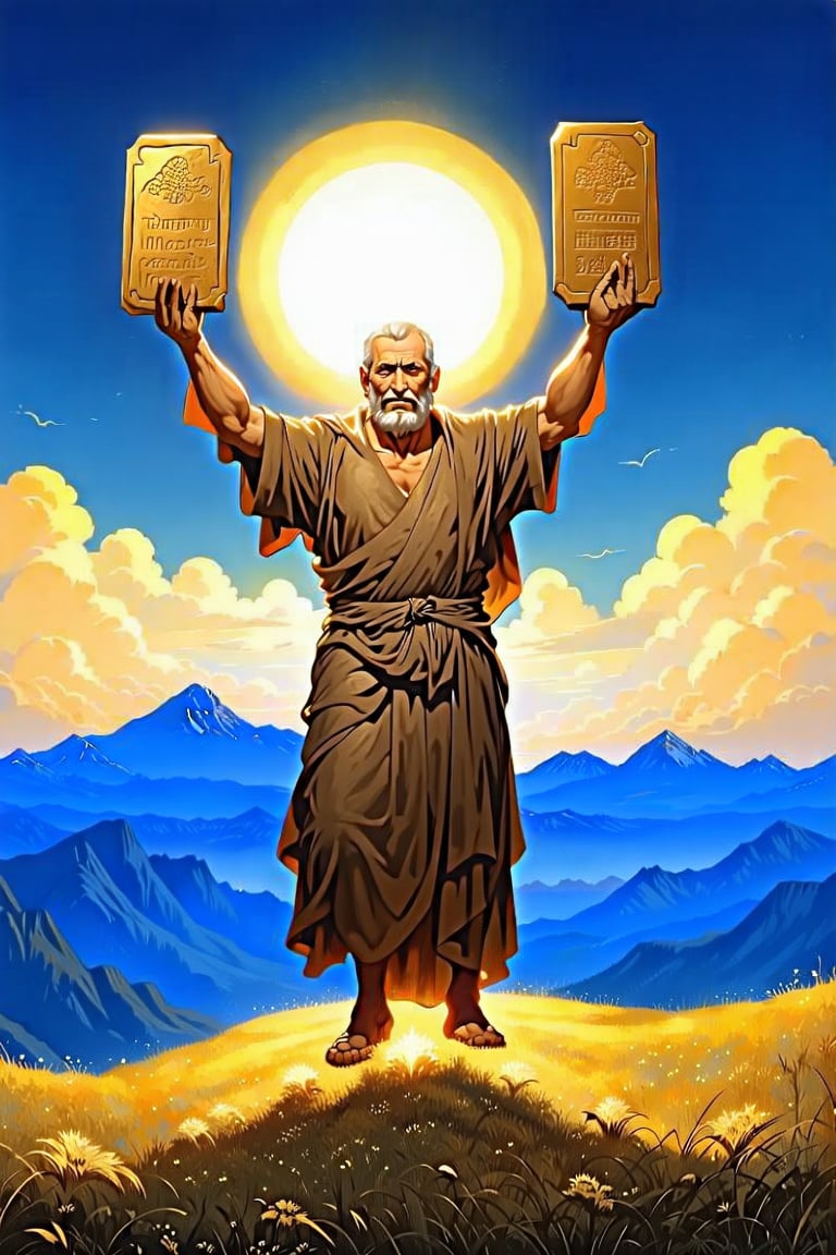 A majestic mountainous landscape with a glowing aura surrounds Moses as he holds aloft two stone tablets etched with the ancient commandments. The tablets' surface glistens in the warm golden light of dawn, illuminated by a halo above. Moses' figure is silhouetted against the serene blue sky, his face radiating an air of reverence and responsibility.