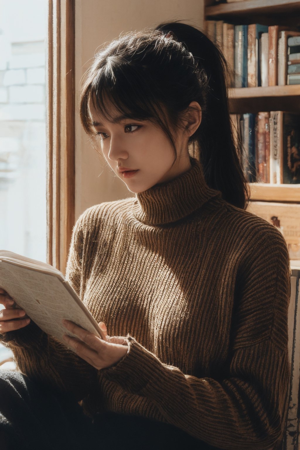 1girl, solo, long hair, looking at viewer, bangs, black hair, long sleeves, holding, brown eyes, sitting, ponytail, indoors, sweater, lips, book, turtleneck, ribbed sweater, holding book, open book, turtleneck sweater, realistic, reading, tatami, black sweater,High detailed 