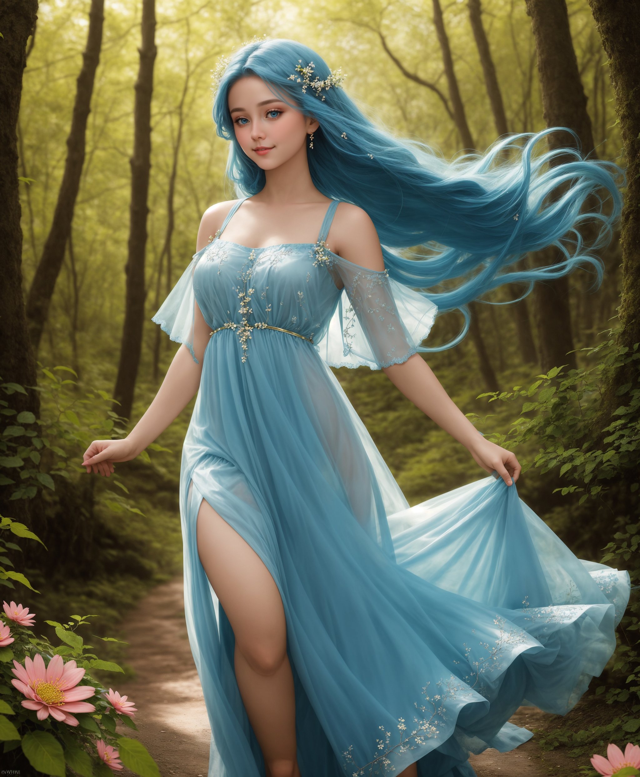 Stunning image of a blue-haired goddess in a sheer blue dress, walking in the forest. Her face was flawless and radiant, with charming eyes and a sweet smile. Her hair flowed over her shoulders in the wind, framing her beautiful features. Her dress clung to her curves and showed off her skin, creating harmony. The image is clear and colorful, with every detail captured in 8k resolution. The lighting is bright and warm, highlighting her hair and clothing. The background is calm, with colorful flowers around. The picture is a masterpiece of beauty and nature, showing the grace and charm of a girl. She looked like a fantasy come true, the perfect mix of innocent and sexy