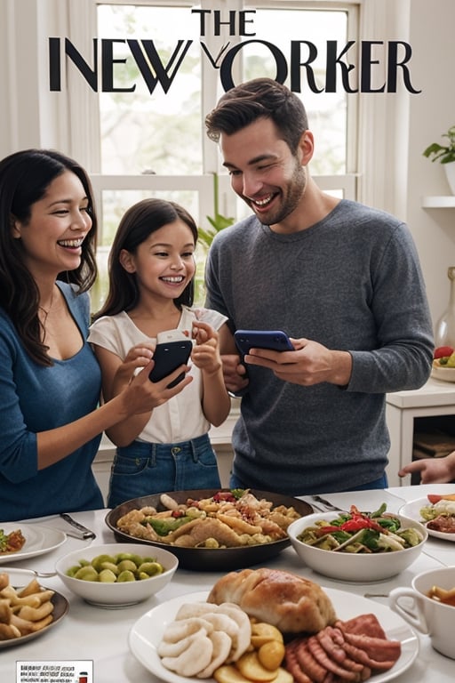 A New Yorker style magazzine cover depicting a family eating turkey for Dinner, everybody laughing looking at their cellphones,  complex_background, intrincate detail, colored pencil style, 