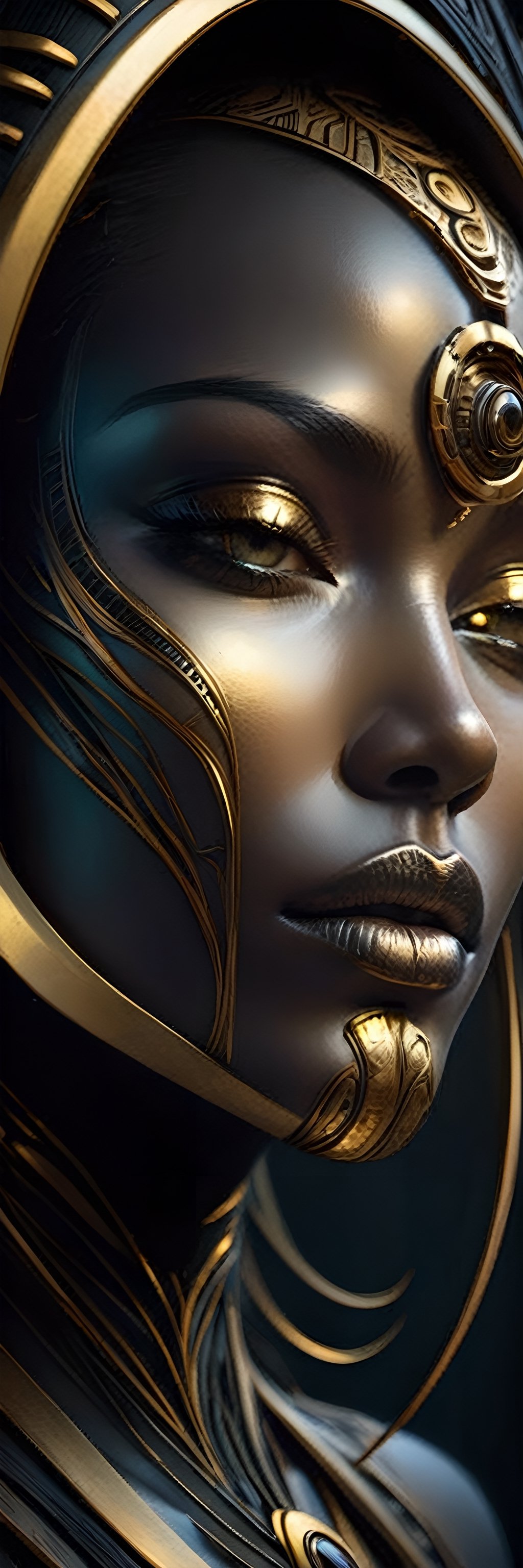 a black and Dark Gold tribal face with Tribal on it, in the style of futuristic space elements Scorn glamour, animated gifs, stefan gesell, algorithmic artistry, android jones, tim hildebrandt, pop art with a dark sine of the moon Scorn Hr Giger 