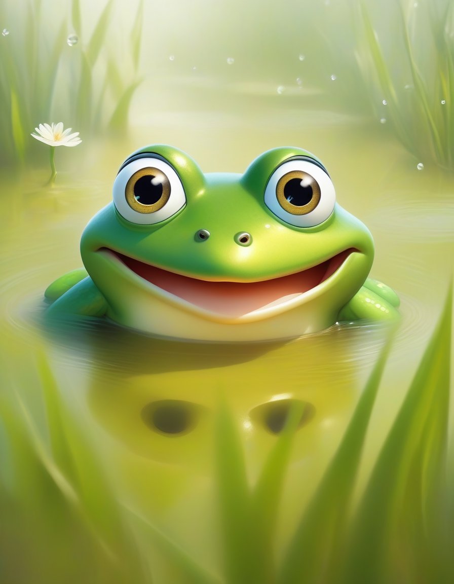 1 cartoon character ilustration, frog :  a funny impression, 100% white background 