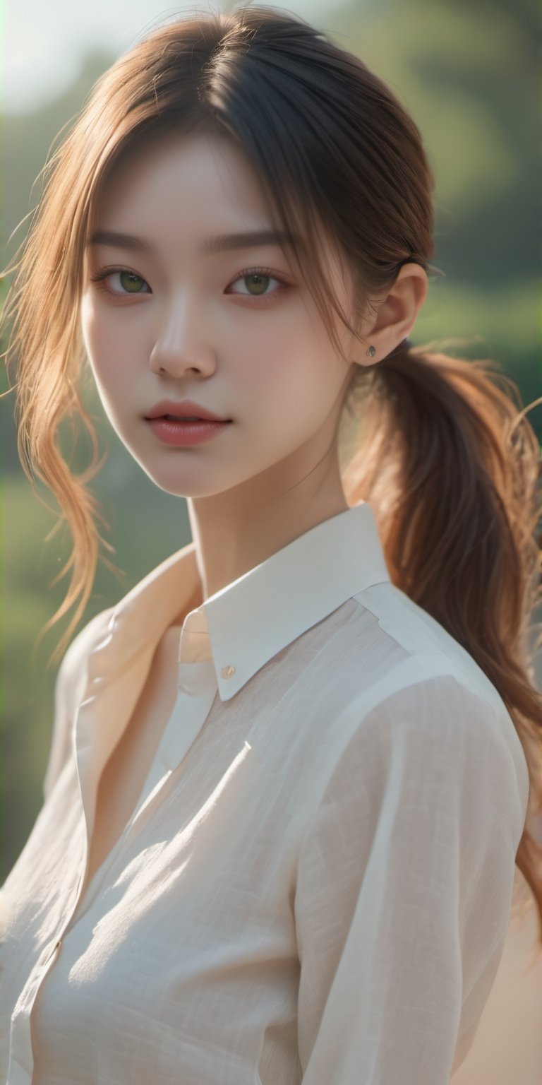 ({glamour,candid,beauty}:1.3) photo of a beautiful expressive young woman with messy_ponytail, feminine bodyfigure, BREAK wearing Tie-front cropped blouse and linen shorts, (blush, blemishes:0.6), (goosebumps:0.5), subsurface scattering, detailed skin texture, (sexy, photorealistic:1.3), textured skin, realistic dull skin noise, visible skin detail, skin fuzz, remarkable color, photo r3al, aesthetic portrait, (upper_body from waist framing:1.4), golden_hour, rule_of_thirds, Fujicolor_Pro_Film, dfdd