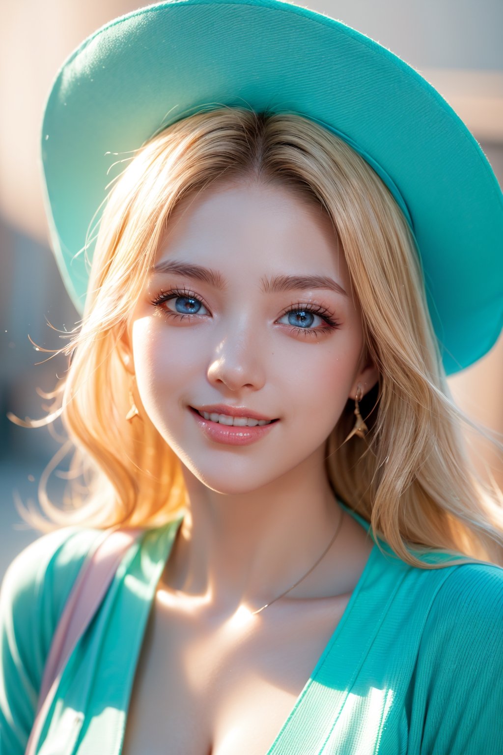 (best quality,4k,8k,highres,masterpiece:1.2),ultra-detailed,(realistic,photorealistic,photo-realistic:1.37),portraits,beautiful detailed eyes,beautiful detailed lips,extremely detailed eyes and face,longeyelashes,1girl,blonde hair, pink hat,blue shirt,smiling expression,natural light,soft shadows,fine texture,subtle colors,gentle background,subtle highlights and shadows,vibrant colors,feminine features,lively pose,serene atmosphere