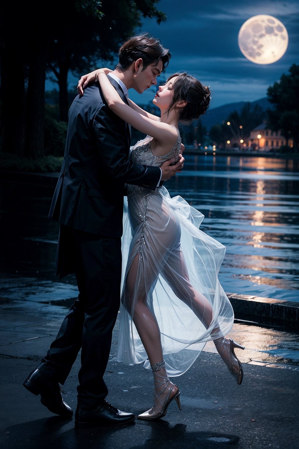 a girl in transparent dress dance tango with a man at parklake under the moon,IncrsRosalinaDef,better_hands