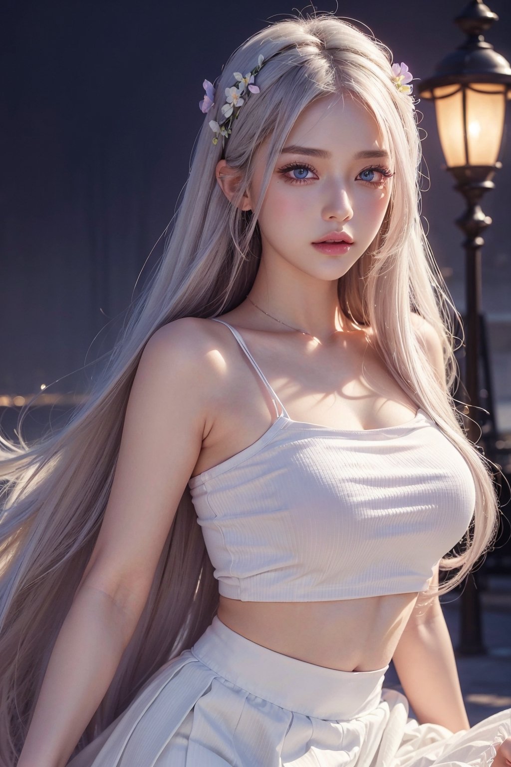 (best quality,  realistic:1.2),  ultra-detailed,  professional,  vivid colors,  portrait,  beautiful detailed eyes,  beautiful detailed lips,  long eyelashes,  flowing white hair,  seductive pose,  purple glowing eyes,  fashionable crop top,  flowing skirt,  soft parted lips,  natural blush,  night scene,  blooming flowers,  warm sunlight, 