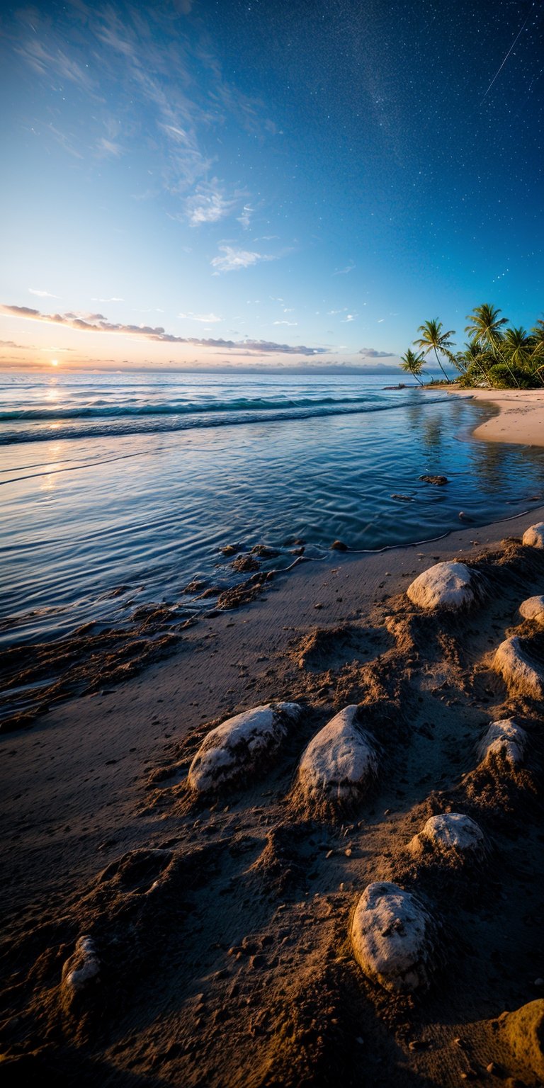 A wide and paradisiacal beach of fine white sand, when it is still night some minutes before dawn. We can still see numerous stars in the sky. Different grades of darkness in the sky, from the black night to the slight blue clarity of the still distant sunrise.
,Beautiful Beach