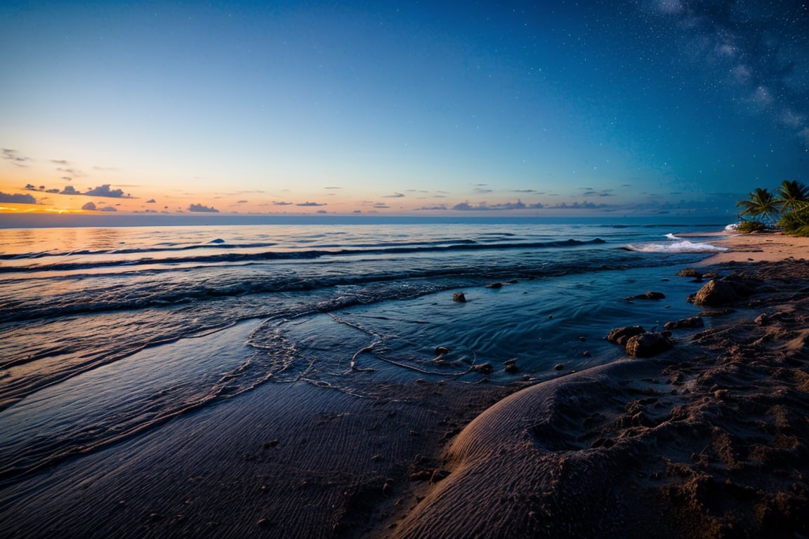 A wide and paradisiacal beach of fine white sand, when it is still night some minutes before dawn. We can still see numerous stars in the sky. Different grades of darkness in the sky, from the black night to the slight blue clarity of the still distant sunrise.
,Beautiful Beach