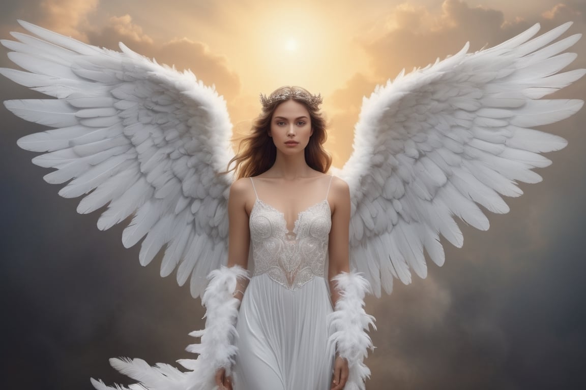 masterpiece, better quality, realistic photographic image of querubin angels with full feathers wings, Los Angeles radiate light, angels in heaven, realistic photo image.