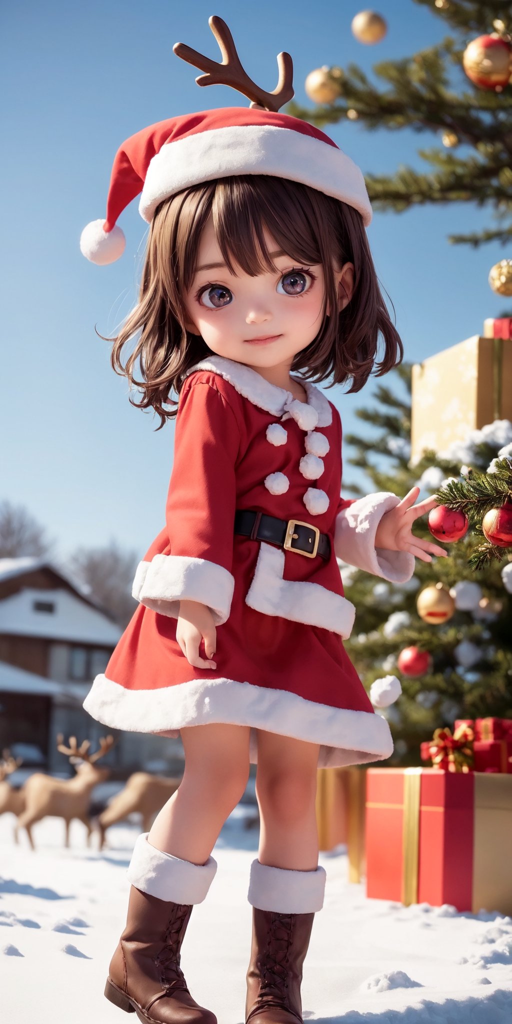 ((6year old girl: 1.5)), only daughter, loli, petite girl, childish body, shining beautiful body, petite, beautiful girl with attention to detail, definition Blake's face,
 bangs, ((dark brown hair: 1.3)), ((medium hair: 1.4)), bouncy hair, break,
 high eyes, (aquamarine eyes), high eyes, beautiful and delicate eyes, beautiful eyes, ((sagging eyes, animated eyes, big eyes, drooping eyes: 1.2)), (thick eyebrows), break,
 ((boots)), ((Santa costume:1.4)),
 ((herd of reindeer: 1.4)), ((blue sunny winter sky: 1.4)), outdoor, rest,
 Natural light, ((smiling expression)), random angle, break,
 ((Realism: 1.2 )), Dynamic Distant Shots, Cinematic Lighting, Perfect Composition, By Sumic.mic, Super Detailed, Official Art, Masterpiece, (Top Quality: 1.3), Reflections, Highly Detailed CG Unity 8K Wallpaper, Detailed Background, Masterpiece, Best Quality, (Masterpiece), (Best Quality: 1.4), (Ultra High Resolution: 1.2), (Hyper Realistic: 1.4), (Photorealistic: 1.2), Highest quality, high quality, high resolution, detail enhancement, ((manga-like visuals)), break,
More: In a calm winter landscape where the ground is covered with snow, a little girl in a Santa costume stands fearlessly among a herd of playful reindeer. Capture the enchanting moments as she interacts with these majestic creatures.