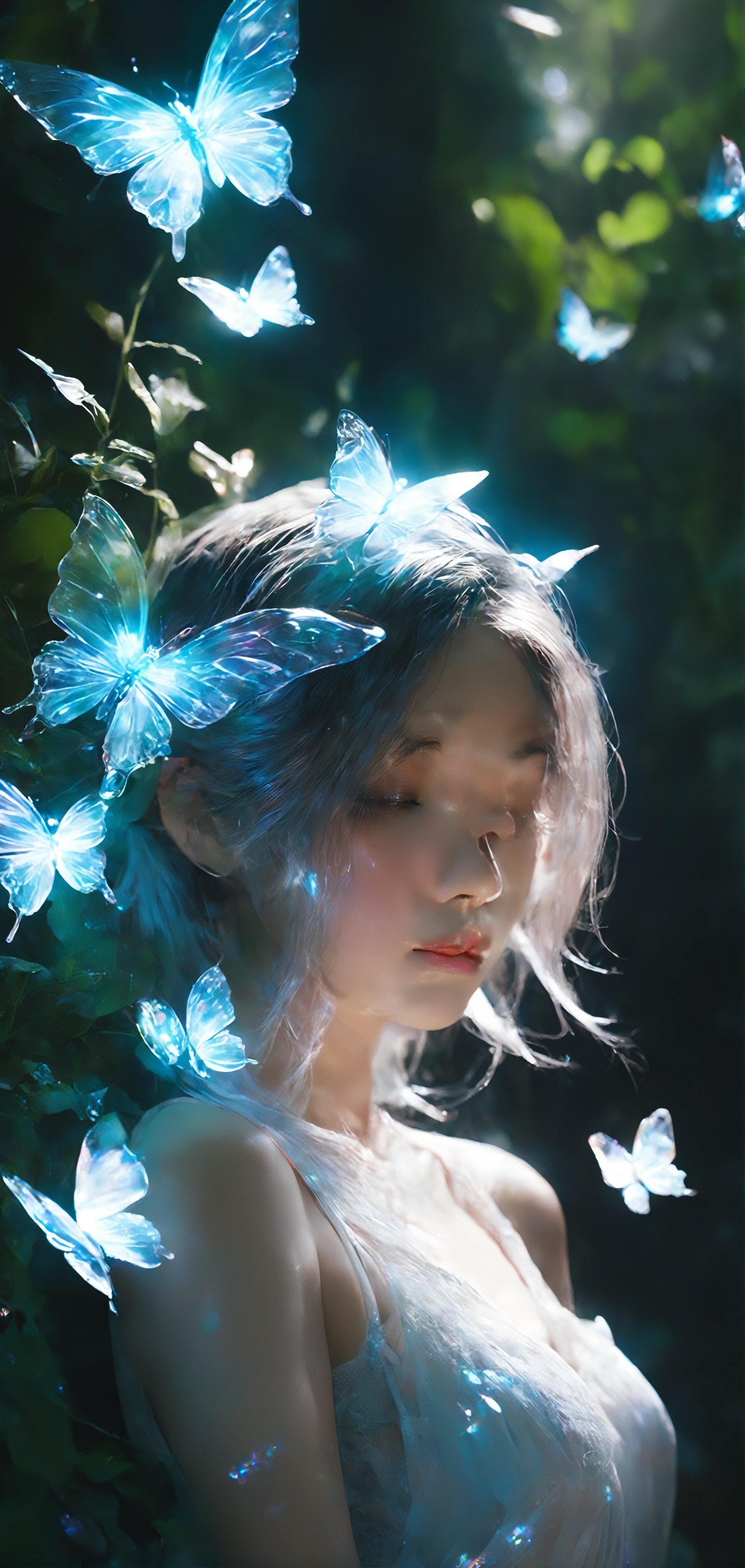 Cinematic of (fairy girl), cool_vibe, small_nose, (范冰冰), realistic artwork, high detailed, professional, upper body photo of a transparent porcelain cute creature, with glowing backlit panels, anatomical plants, dark forest, grainy, shiny, with vibrant colors, colorful, ((realistic skin)), glow surreal objects floating, ((floating:1.4)), contrasting shadows, photographic, niji style, 1girl, xxmixgirl, FilmGirl, aura_glowing, colored_aura, Movie Still, final_fantasy_vii_remake, ((big_breast:1.1)), transparent_clothing, (transparent_butterflies are part of her body), sleeping:1.4, butterfly_helmet, ((depth_of_field))