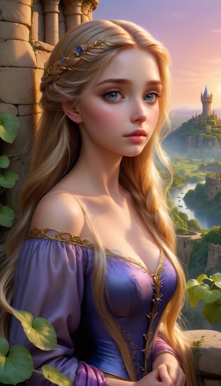 1Girl,Rapunzel,
The tower stands tall, its stone walls adorned with ivy creeping upwards, embracing the structure with nature's embrace. At the tower's peak, a single window casts a warm glow against the twilight sky, offering a glimpse into the sanctuary within. There, Rapunzel, with flowing golden locks, leans out, her face illuminated by the soft light. Her eyes, like sapphires, sparkle with a sense of longing, her delicate hands reaching out towards the world beyond.,photo_b00ster