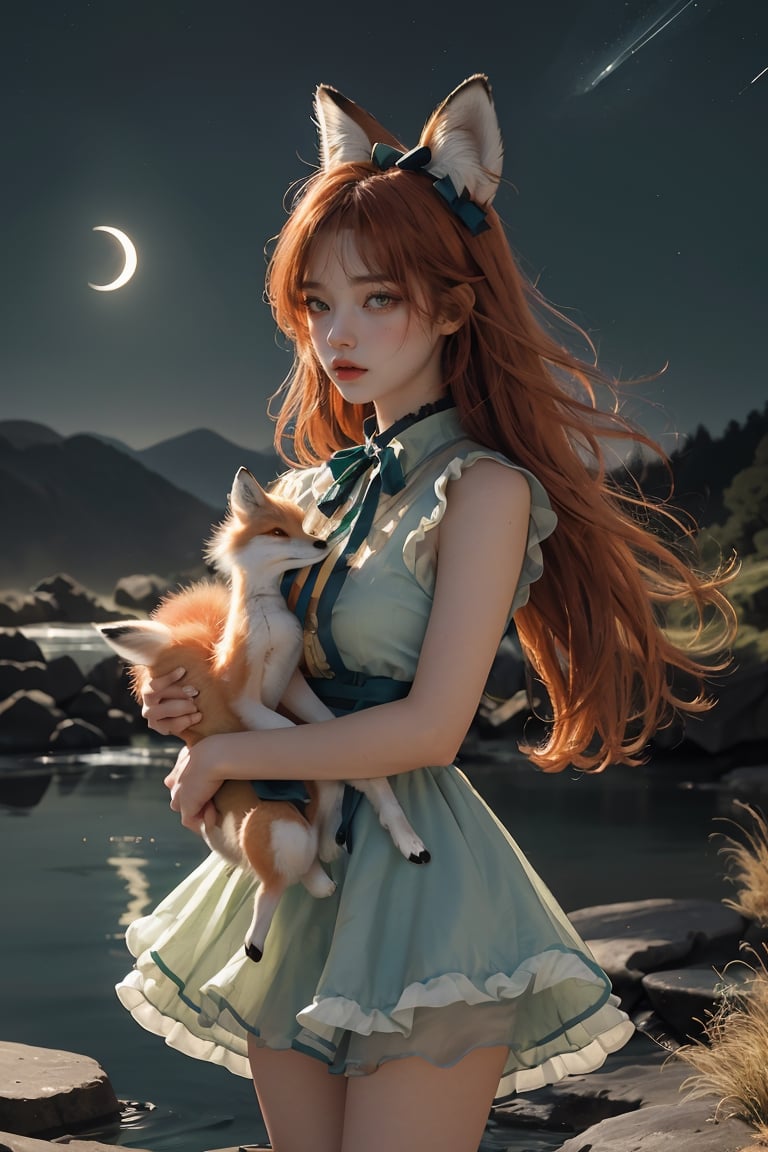 The (girl with fox ears) in a ((green frilly dress) with (red ribbons)), she carries a ((small fox)) in her arms, her (long orange hair) flowing in the wind, standing on transluscent (blue rocks), the (small fox) is sleeping, silvery water pond, under the starry night sky, dark blue mountains far away, big moon, (crescent moon) , beautiful, lavish, ephemeral, dull body portrait, fantasy, ultrarealism, , ultra-detail, (highres:1.1), best quality, (masterpiece:1.3), beautiful, hires, absurdres
