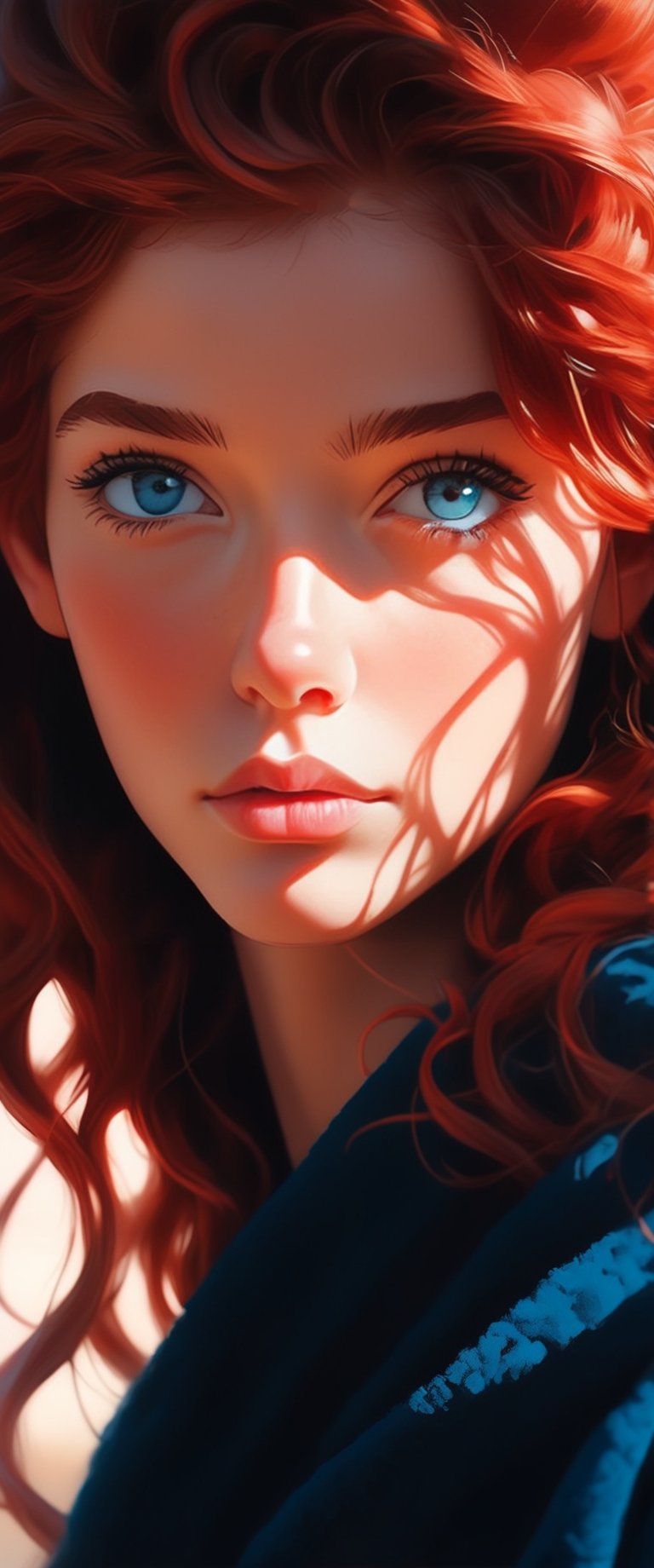 Photorealistic portrait of Hyperrealistic character by Alena Aenami, beautiful red haired woman, with beautiful blue eyes, detailed and realistic, looking to viewer, soft and dreamy hues, cinematic light and shadows 
