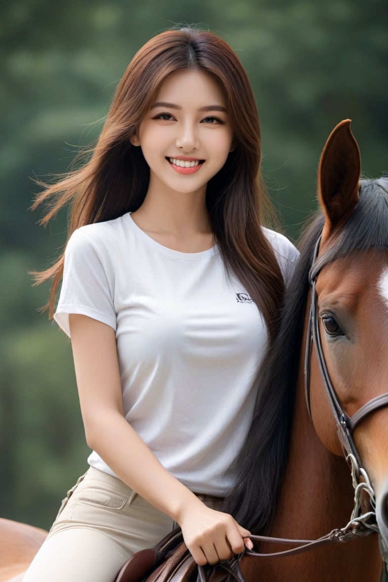 1 woman, on a horse, Taiwanese, tulle t-shirt, long riding breeches , 18 years old,  beautiful face, huge breasts, long straight hair,  smile, looking at the viewer,  (photorealistic, raw photo)