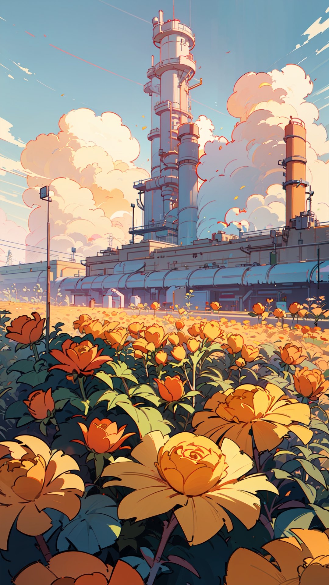 Garden factory, Tall factory, Many yellow marigold , A few roses, clouds, ultra wide shot, atmospheric, hyper realistic, 8k, epic composition, cinematic, octane render, artstation landscape vista photography by Carr Clifton