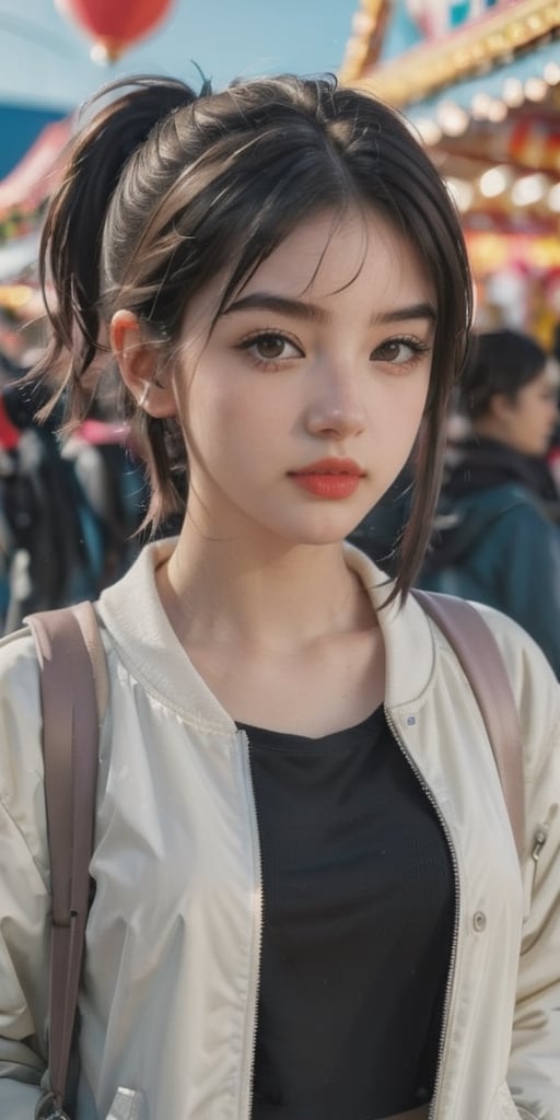 An aesthetic masterpiece, perfectly_detailed, hyper_realistic, centralized, professional_photograph of an extremely cute 18yo girl, 1girl, black_hair, short_hair, pony_tail, white_skin, symmetrical_eyes, rosy_lips, big_eyes, blushing. Wearing a baggy 
clothes and jacket,. In the carnival, sunshine, crowded, , looking_at_viewer, absurdres, 8k, RAW,  instagram photo, legal_loli,1girl,photorealistic,wonder beauty ,YakuzaTattoo,girl,LinkGirl,aesthetic portrait,photo r3al