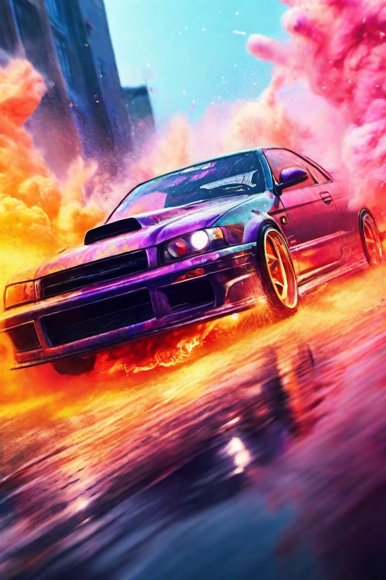 Portrait of aPorsche car ((drifting)), explosion of liquid splash colored pastels, highly detailed, fantasy background, illustration, dramatic lighting, trending on artstation, cinematic, 8k, concept art, elegant, reflections