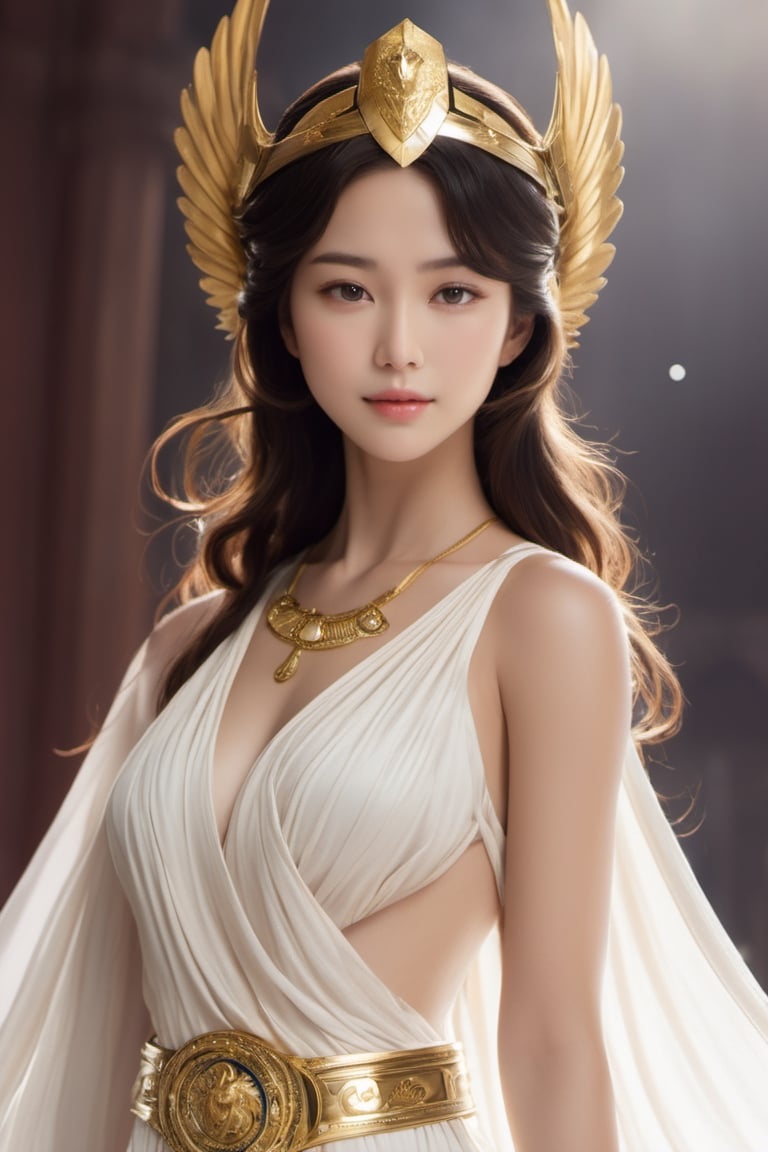 realistic, Saori Kido, also known as Athena, is a young woman of great elegance and beauty who arouses admiration around her. Her hair is long and golden blonde, flowing smoothly to her shoulders and framing her face. Her eyes are a deep light blue, with a serene and compassionate look that reflects her role as protector and leader. She wears a flowing white gown that falls to her ankles, decorated with golden details and intricate embroidery denoting her position as the goddess Athena. She wears a golden belt that adjusts the dress to her figure, and a similarly golden necklace adorns her neck. On her left wrist, she wears a gold bracelet with a small symbol representing the Pegasus constellation, in honor of the Knight of Pegasus, Seiya, one of her faithful protectors. In her right hand, she holds a ceremonial scepter that exudes a sense of divine power. Atop the scepter is a miniature replica of Pegasus' armor helmet, symbolizing his connection to the Bronze Knights and his mission to protect Earth. The expression on her face combines grace and serenity, with a slight smile reflecting her confidence in good and her desire to protect humanity. Her presence radiates authority and warmth, inspiring those around her to fight for justice and peace. NAKED