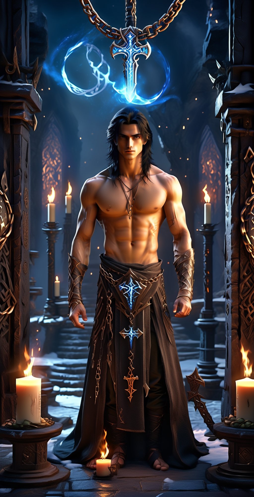 Young adult male wizard, slender, thin, no muscles, magical runes engraved into skin, half-naked, arcane runes, pale skin, glowing runes, elemental runes, fantasy style, charred skin, burned skin, disfigured, masculine, bright lighting, prisoner, chained, black hair,Renaissance Sci-Fi Fantasy