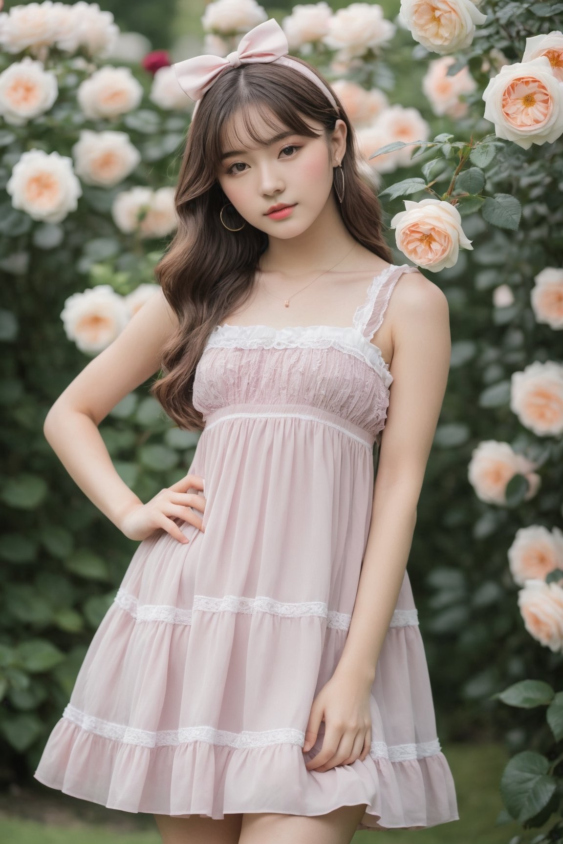 20 years old girl wear babydoll dress in the rose garden