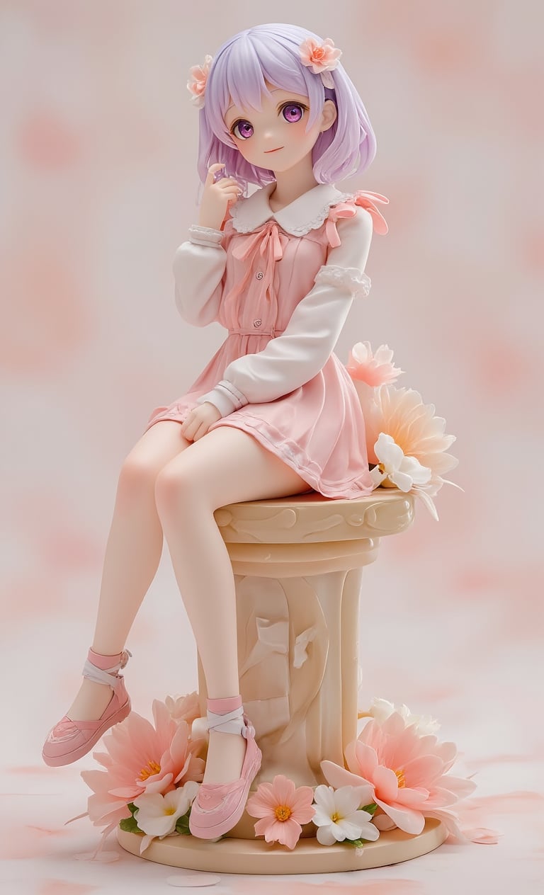 Real photo, stunning image, sharp image, masterpiece, cute anime style girl realistic figure, full body, random hairstyle, random hair color, smile, detailed in every detail, created by Takumi's technique, random clothes , flowers, made of resin, on a pedestal, decorated pedestal, simple background, sitting, gradient paper background, random pose