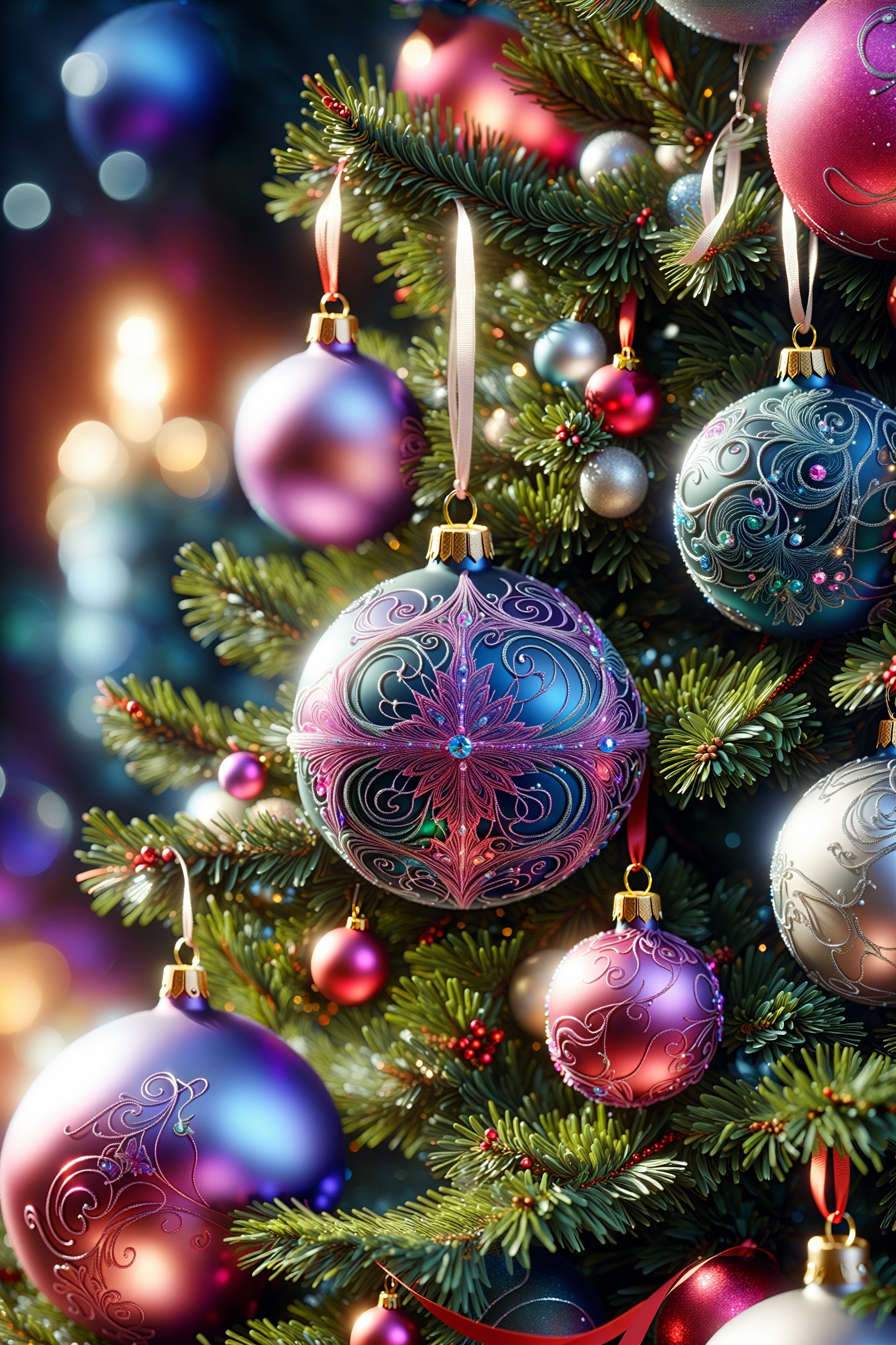 ((Fantasy illustration of Decorations on a Christmas Tree)), close up, intricate,  charming details, bokeh, beautiful, dreamy colors, dark background. Visually delightful.  ,DonMC0sm1cW3bXL,3D