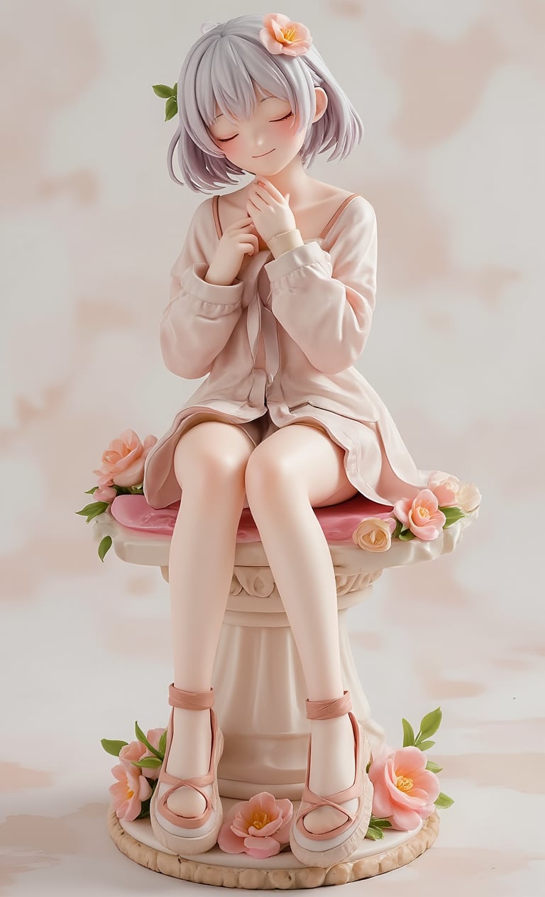 Real photo, stunning image, sharp image, masterpiece, cute anime style girl realistic figure, full body, random hairstyle, random hair color, smile, detailed in every detail, created by Takumi's technique, random clothes , flowers, made of resin, on a pedestal, decorated pedestal, simple background, sitting, gradient paper background, random pose