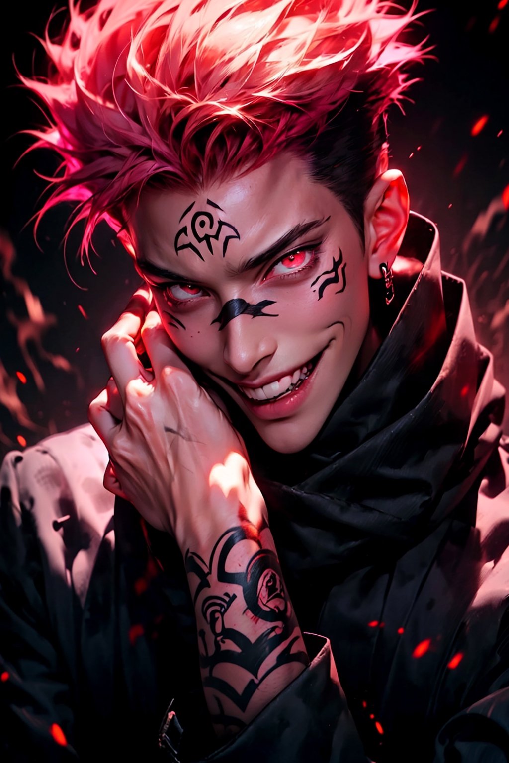 solo, looking at viewer, smile, short hair, black hair, red eyes, 1boy, upper body, pink hair, male focus, japanese clothes, kimono, scarf, grin, fingernails, tattoo, spiked hair, black nails, hand on own face, white kimono, sharp fingernails, arm tattoo, hand on own chin, evil smile, aura, undercut, black scarf, facial tattoo, extra eyes, itadori yuuji, ryoumen sukuna \(jujutsu kaisen\),r1ge