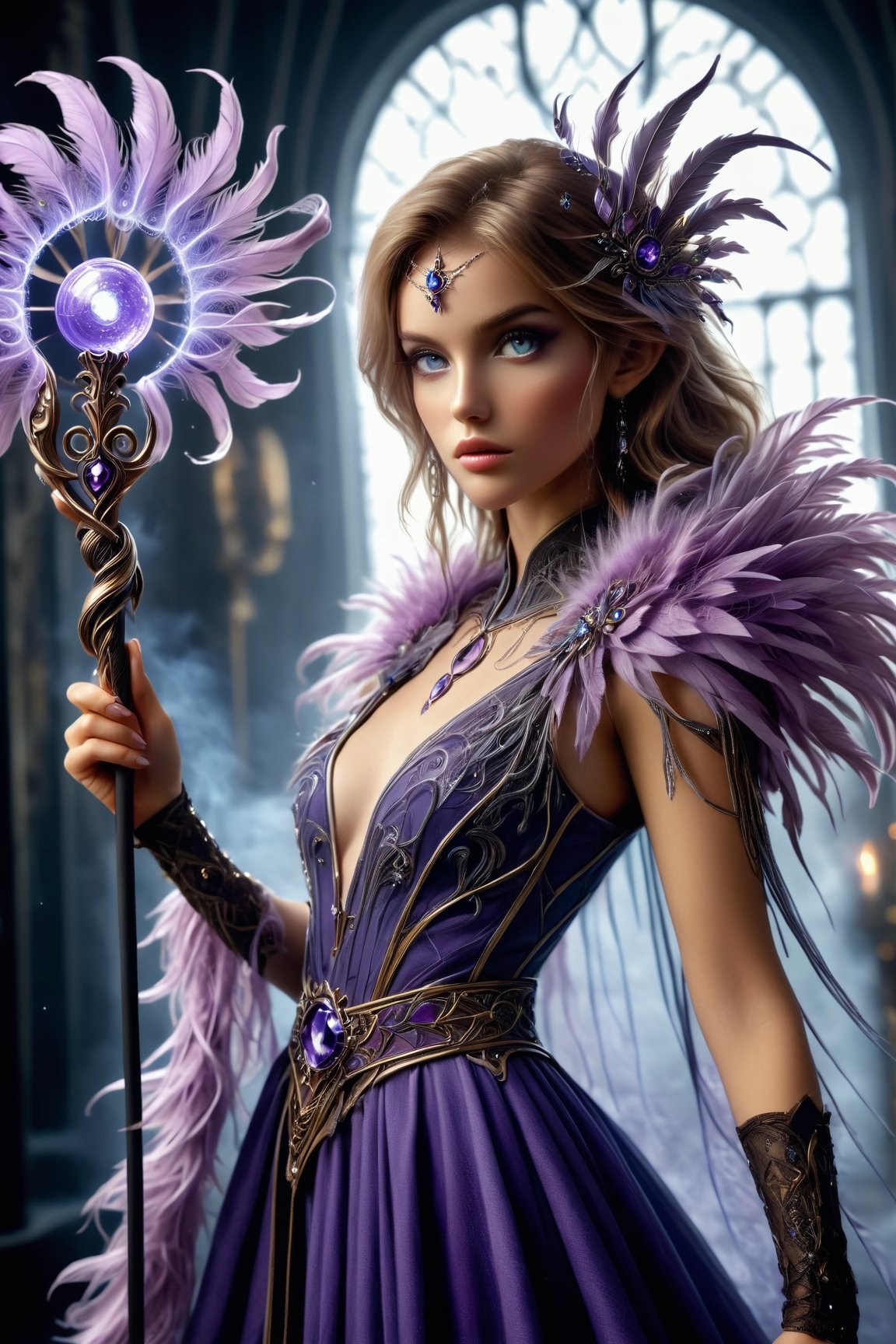 (masterpiece), Slender woman holds a fan of natural lilac ostrich feathers in her hand, (she places the open fan of lilac ostrich feathers on her waist, as if it were a belt. This highlights her figure and her style), the woman has the appearance of a dragon sorceress, The image has a geometric art style, with simple shapes and solid colors, giving it an elegant and sober look, real and detailed, highlights the color of your eyes, the image should be high impact, the background must be dark and contrast with the figure of the girl, The image must have a high detail resolution of 8k, (full body), (artistic pose of a woman), Leonardo style, A dancing girl, Facial makeup ,DonMM4g1cXL,darkart,orbstaff,dragon theme,gemsdragon