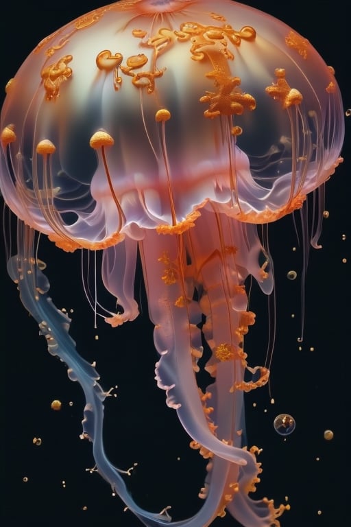 Portrait of a ghostly jellyfish, shiny aura, highly detailed, gold filigree, intricate motifs, organic tracery, by Android jones, Januz Miralles, Hikari Shimoda, glowing stardust by W. Zelmer, perfect composition, smooth, sharp focus, sparkling particles, lively coral reef background Realistic, realism, hd, 35mm photograph, 8k), masterpiece, award winning photography, natural light, perfect composition, high detail, hyper realistic,<lora:659095807385103906:1.0>,<lora:659095807385103906:1.0>,<lora:659095807385103906:1.0>