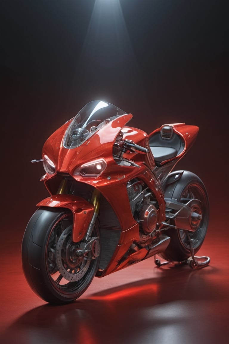 Masterpiece, ultra-definition, super detailed, perfect drawing, 1  transparent SPORT race motocycle with headlight on white lights , Colored red, silver and black carbonfiber, Industrial design, clean, Luminous neon lit,  red background, Surrealism, UHD, high details, best quality, 2K