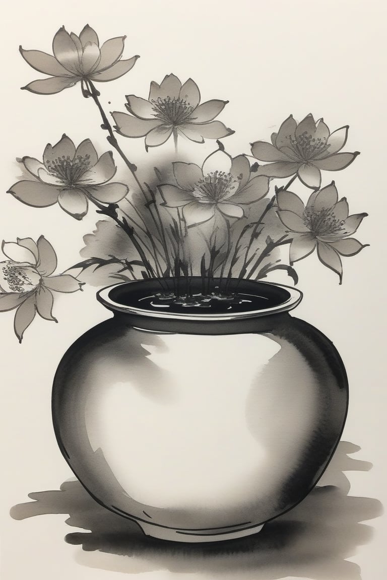 Japanese Ink Drawing medium close up pot with flowers , ink drawing, inkwash, Japanese Ink Drawing