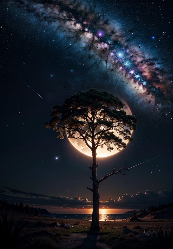 ((high quality realistic)), (photorealistic:1.4, realistic), highly detailed CG unified 8K,fantasy,Circle,The night the sky was full of stars,dark tone ,tree ,