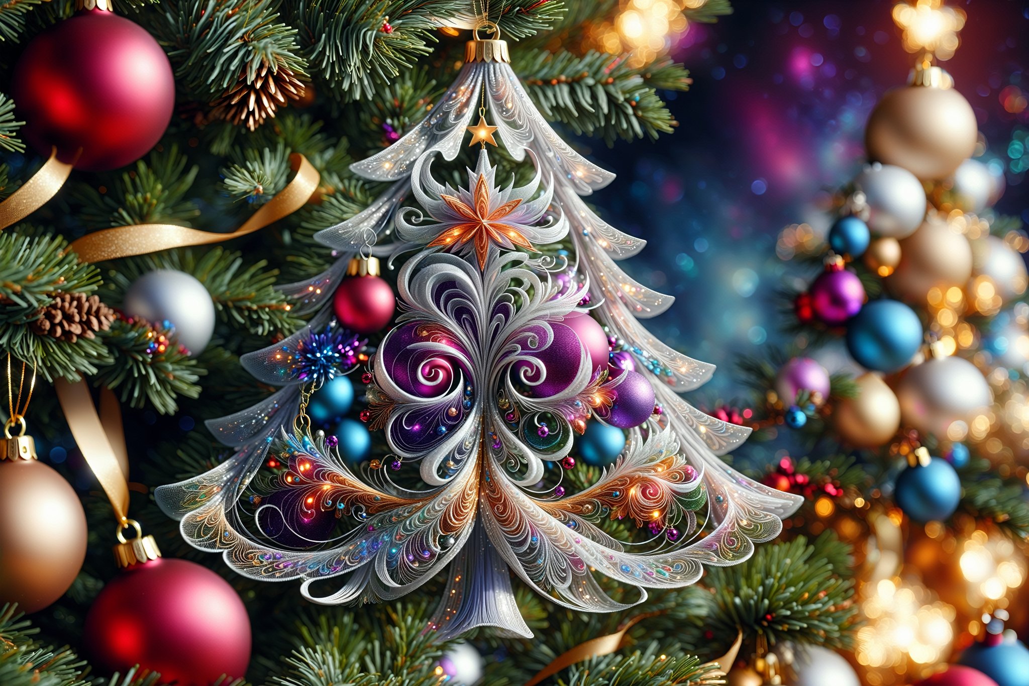 ((Fantasy illustration of Decorations on a Christmas Tree)), close up, intricate,  charming details, bokeh, beautiful, dreamy colors, dark background. Visually delightful.  ,DonMC0sm1cW3bXL,3D