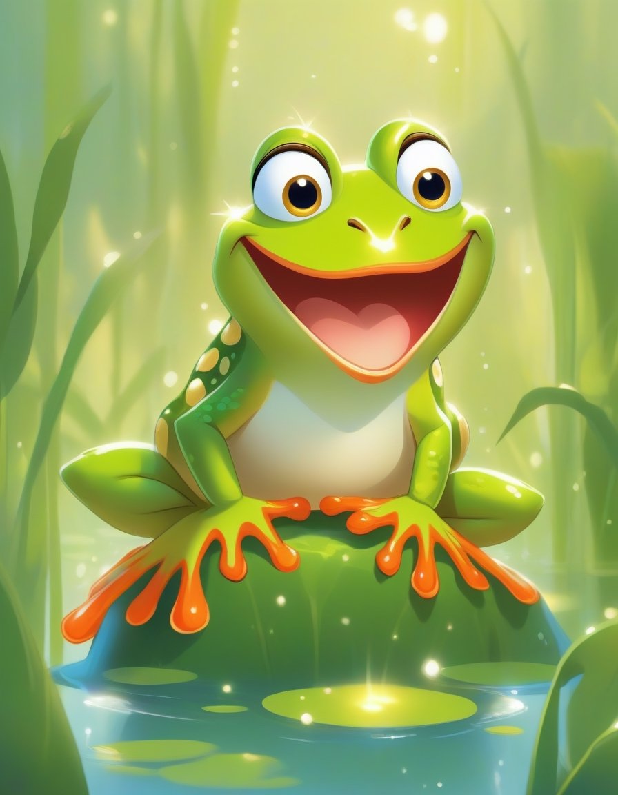 1 cartoon character ilustration, frog :  a funny impression, 100% white background 