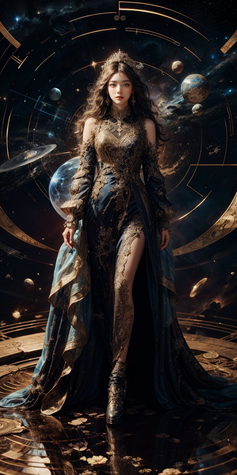 Cosmic Cartographer A woman with maps of constellations etched on her skin and eyes that chart the unknown, navigates a vast celestial map. Her flowing gown, adorned with compass symbols and celestial bodies, reflects her quest to chart the ever-expanding universe.
 
