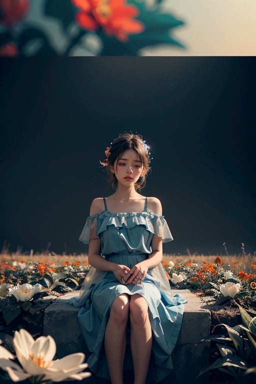 woman, flower dress, colorful, darl background,blue theme,exposure blend, medium shot, bokeh, (hdr:1.4), high contrast, (cinematic, teal and orange:0.85), (muted colors, dim colors, soothing tones:1.3), low saturation,