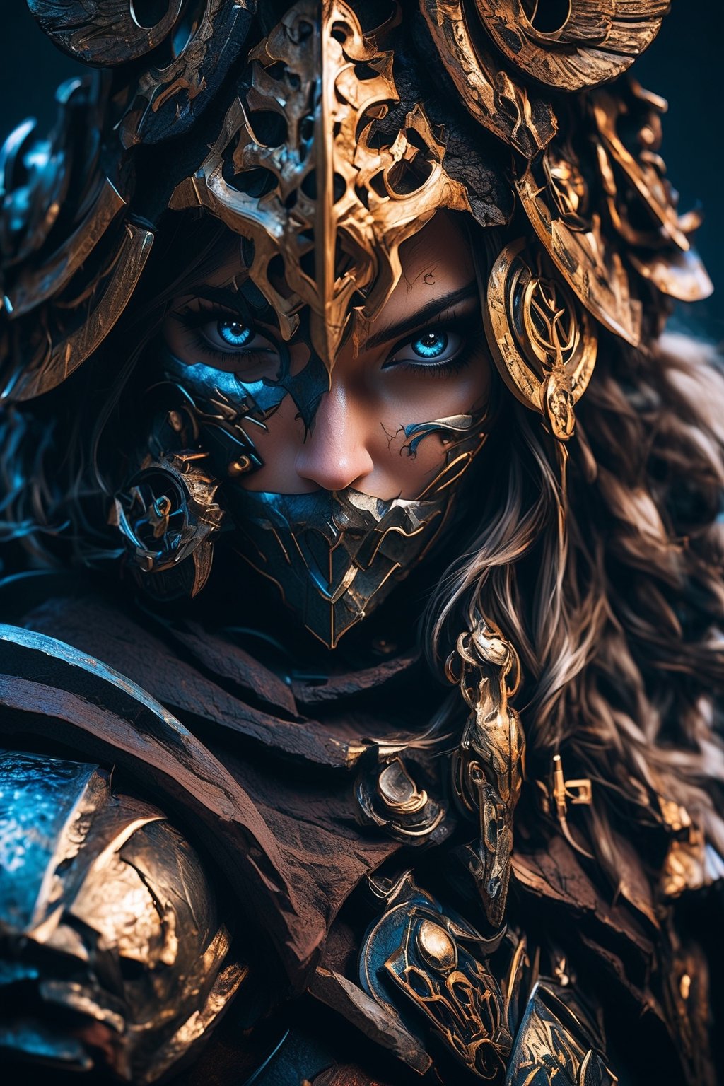 cinematic still, highly detailed, close portrait of female Viking warrior with face war paint, halo around her head, implanted blue eyes, (mechanical mask over mouth:1.1), cyberpunk aesthetics, 4K, high contrast, (film grain:0.8), back lighting
