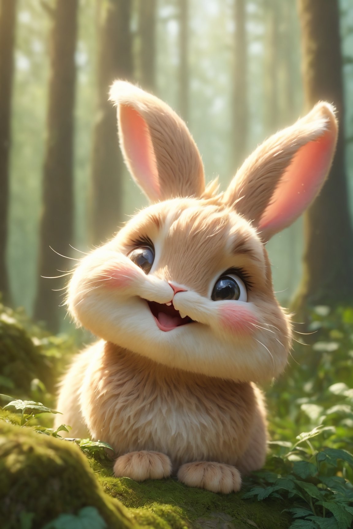 photorealistic, "smiling bunny" in middle of the forest close to the tree, 8k realistic cinematik uhd 16:9 , Miki Asai Macro photography, close-up, hyper detailed, trending on artstation, sharp focus, studio photo, intricate details, highly detailed, by greg rutkowski,Movie Still,greg rutkowski,Xxmix_Catecat,Leonardo Style