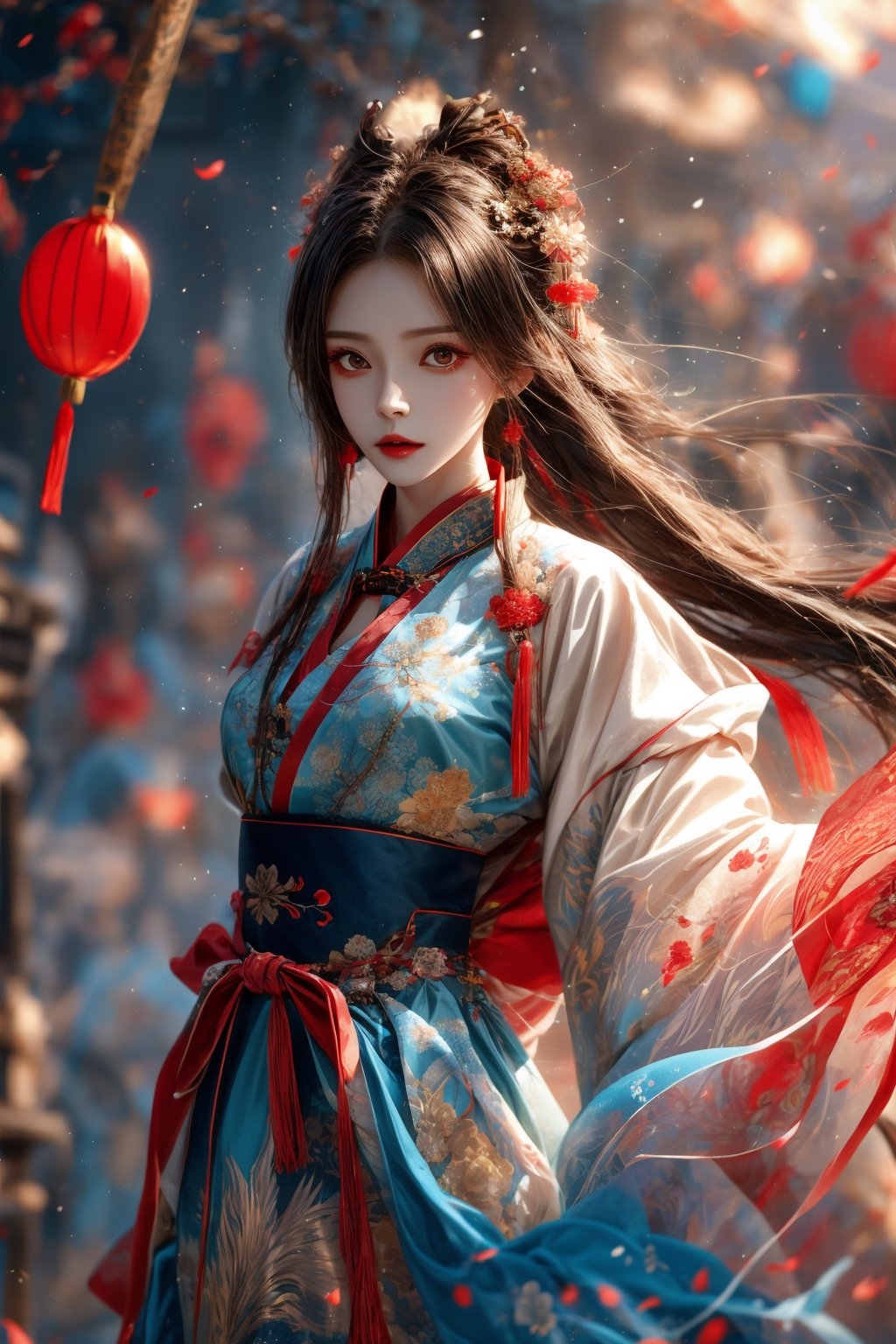 muelsyse (Arknights), 1girl, solo, slightly upturned lips, lipgloss, beautiful delicate eyes, hanfu, hanfu, splash background, holding sword, best quality, amazing quality, very aesthetic, ridiculous,girl, chinese clothes ,yumi