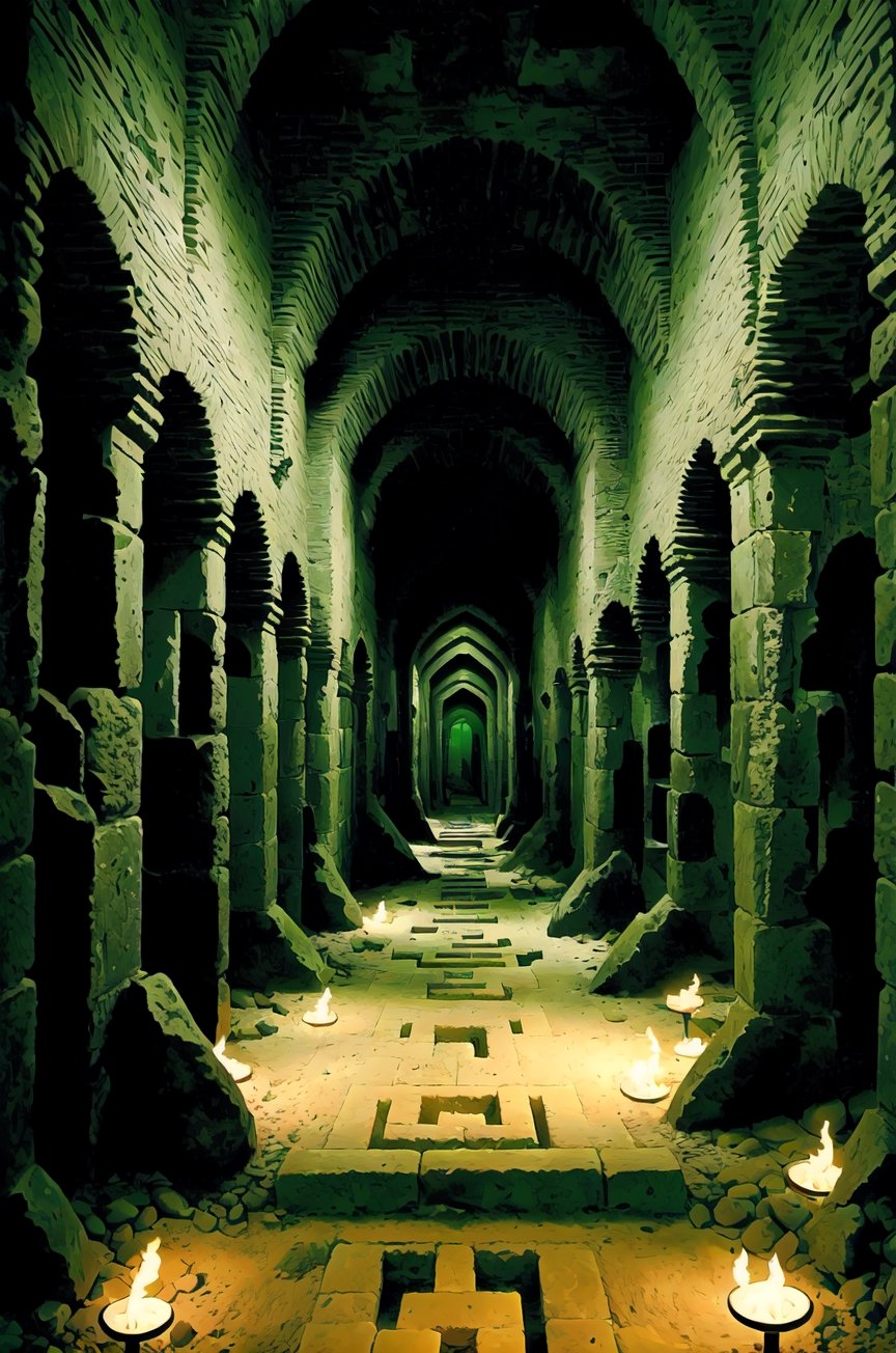 an ingenious maze, intricate paths with towering walls, intricate patterns carved into the stone, mysterious passages leading to unknown destinations, dimly lit corridors with flickering torches, surrounded by an eerie silence,emphasizing the maze’s complexity and mystery, in a style reminiscent of ancient Greek architectural drawings.,nodf_lora,green theme