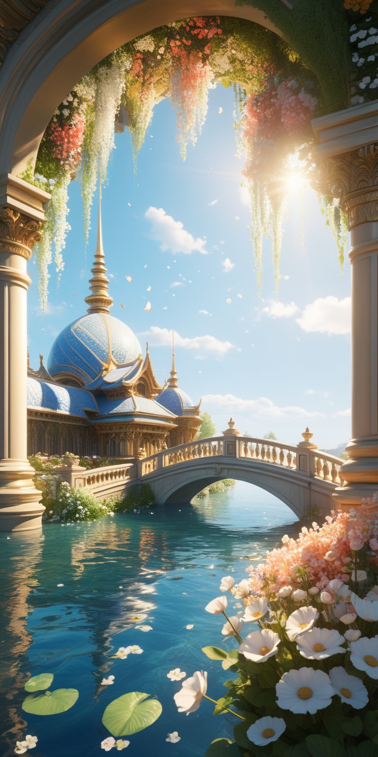 (Extremely detailed CG unity 8k wallpaper),(((Masterpiece))), (((Best Quality))), ((Ultra-detailed)), (Best Illustration),(best shadows), ((an extremely delicate and beautiful)),Dynamic Angle,Floating, Wonderland,Dynamic Angle,A sea of flowers,Beautiful detail garden,wind,classic,springtime, (detailed light),feathered, Nature, (sunlights), rivers, woods,(((Floating palace))),((The best building)),beautifully detailed water,(Painting),(sketchpad),(Bloom),(Shine),EpicSky,Landskaper