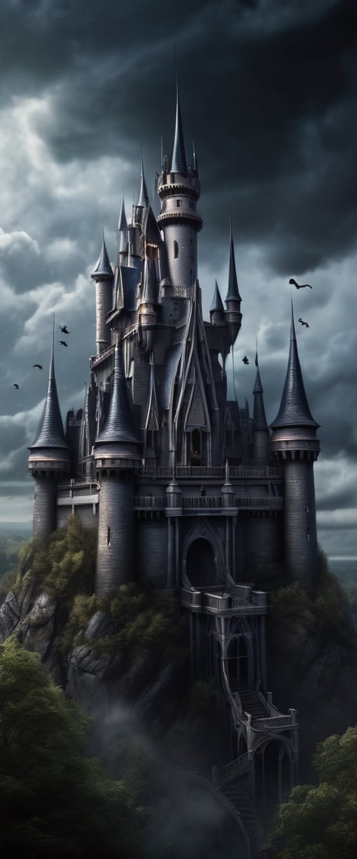 A mysterious castle in the style of Gothic art with an aerial viewpoint, RAW Photo, Disney incorporated, highly rendered realistic, threatning clouds, intricate background, fantasy horror art, photorealistic dark concept art, in style of dark fantasy art, detailed 8k horror artwork,  

darkart