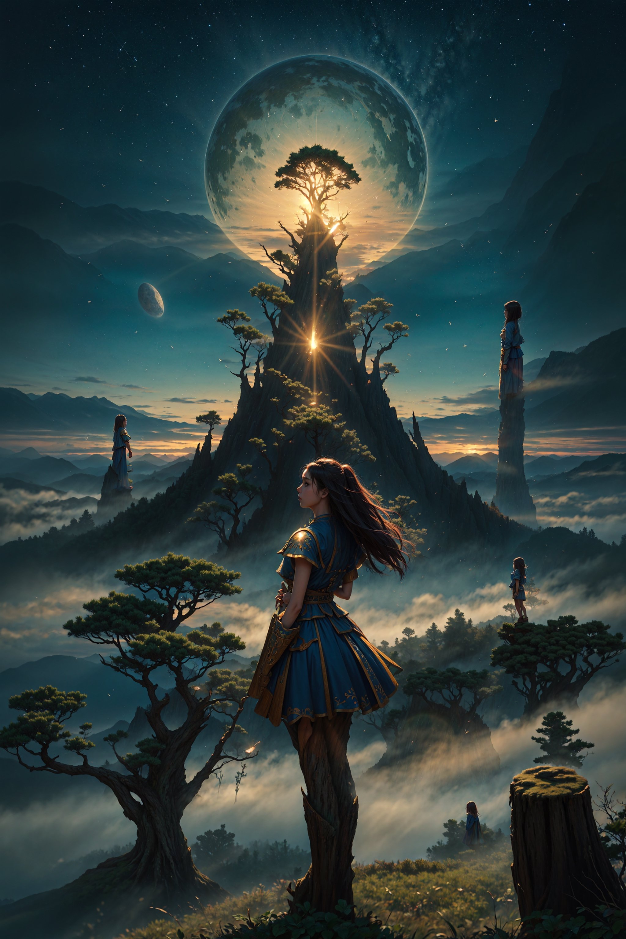 masterpiece:1.2, best quality:1.2, beautiful, high quality, extremely detailed, The giant world tree grows above the mist that spreads on the ground , The leaves of the giant world tree ((spread all over the sky)) to the out of frame, The back view of warrior girl standing at the top of a mountain. She is staring at the World Tree,no humans,blurry_light_background