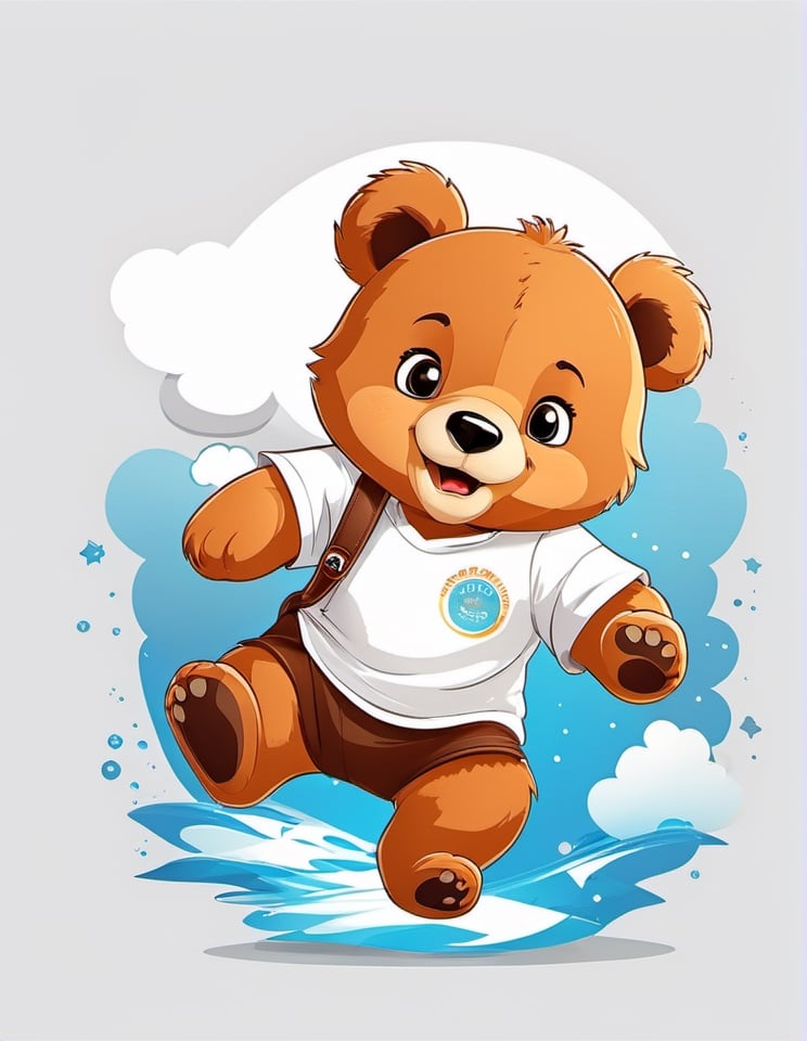 1 cartoon character ilustration, cute bear :  a funny impression jump, there is no background image, the background is just pure white, blank background, solo, tshirt design 