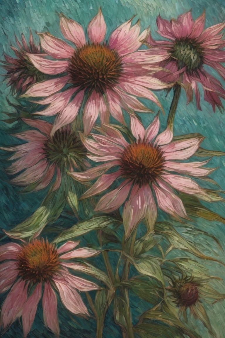 masterpiece, high quality, realistic aesthetic photo, pore and detailed, intricate detailed, natural soft lighting, Echinacea tennesseensis flover camp, Works by Vincent Willem van Gogh, vibrant pink and green 
colors 