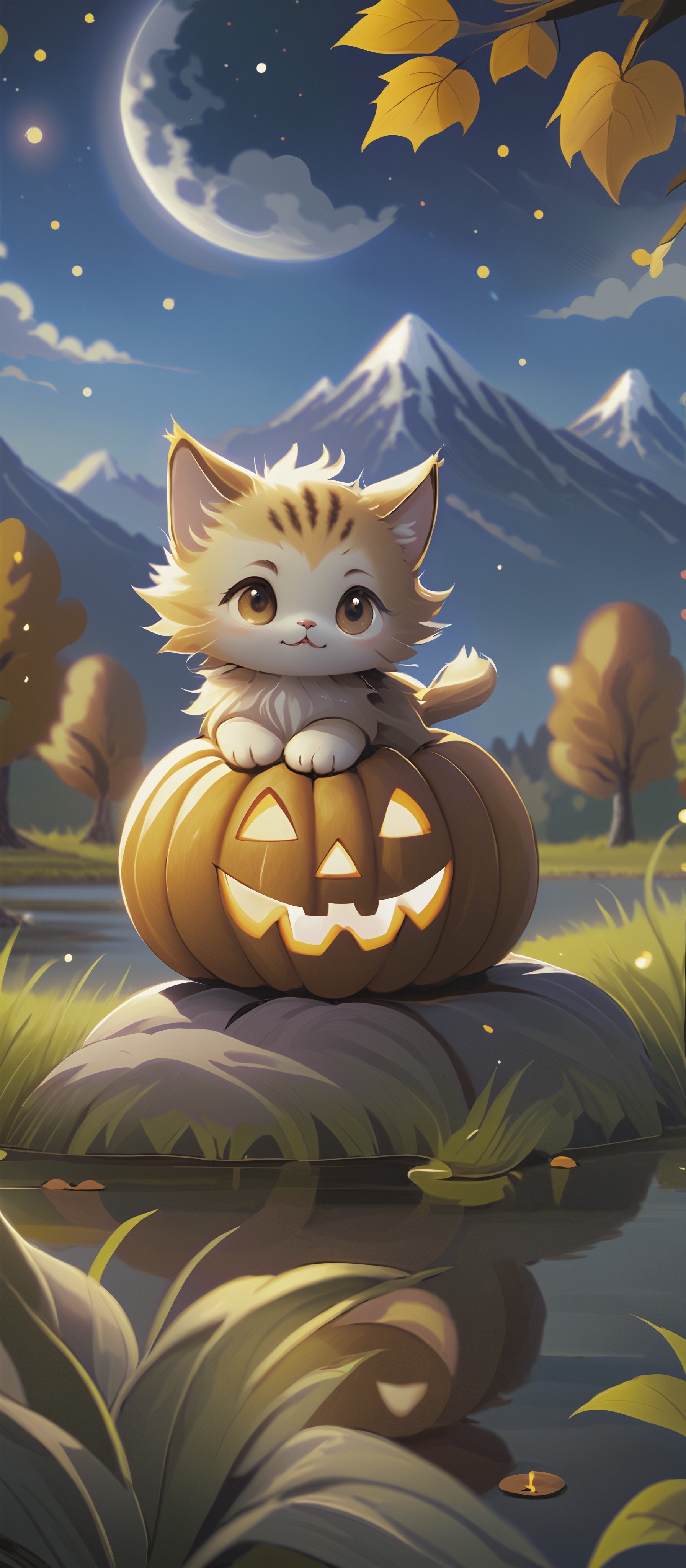 "A uniquely enchanting scene featuring a cute kitten with wide eyes, gazing up at the starry night sky. The atmosphere is imbued with the magic of Halloween, as indicated by the presence of a Halloween wood sign and a grinning pumpkin. The setting is the front zen garden, adorned with festive decorations, candy. The absence of humans adds to the allure of the moment. In the background, a picturesque lake and towering mountains frame the sky, adorned with a multitude of shimmering stars. This artwork seeks to be a true masterpiece, blending elements of fantasy and anime. It draws inspiration from the joyful spirit of Halloween night and is influenced by the artistic style of Makoto Shinkai. The details are meticulously crafted to be hyper high, and the resolution is set at 9x21, ideal for a phone wallpaper. Additional stylistic touches can be added to enhance the visual appeal."
,Xxmix_Catecat,cat