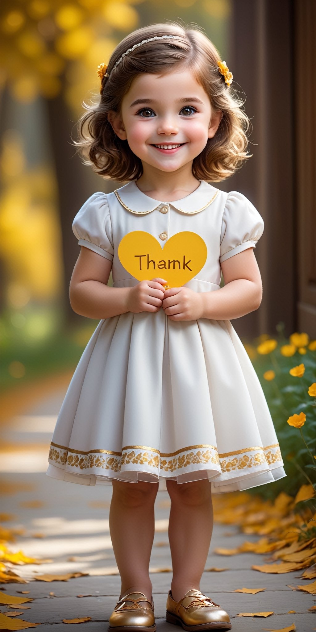 "Compose an endearing image of a cute little girl with golden eyes, brown hair, and a beautiful smile. Dress her in a charming outfit with matching footwear, and depict her holding a sign that reads 'Thank you.' Request a perfect image with a beautiful background to capture the innocence and sweetness of this scene.",Text