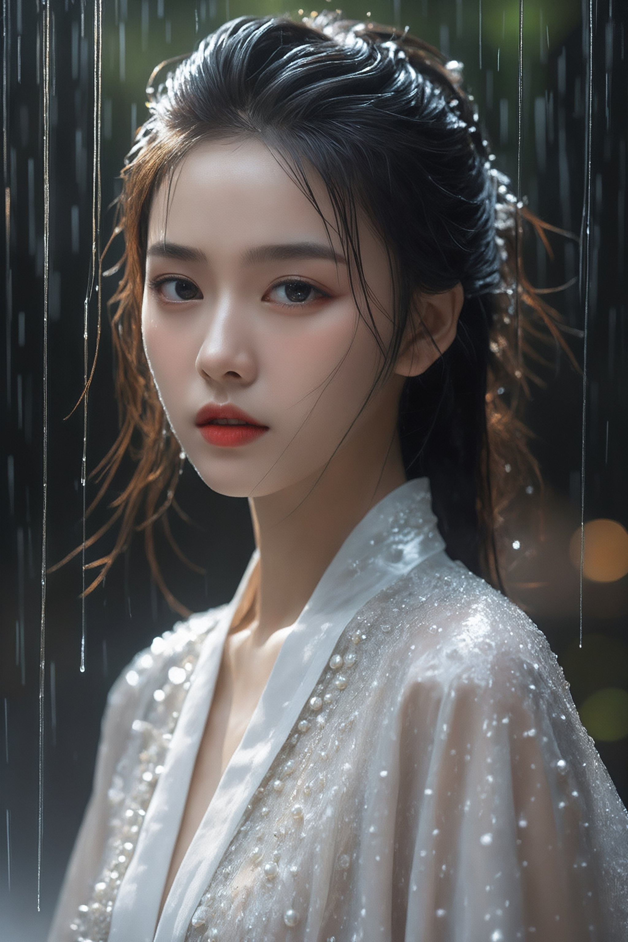 Realistic,Masterpiece,18 - year - old beautiful girl and monster,pearl - like eyes,extremely delicate facial depiction,heavy rain,crazy body movements,exaggerated perspective,poster,androgyny,fashion,dramatic lighting,strong tones,distortion style,32k UHD,chinese girls,(full_body:1.1),phone_screen,
